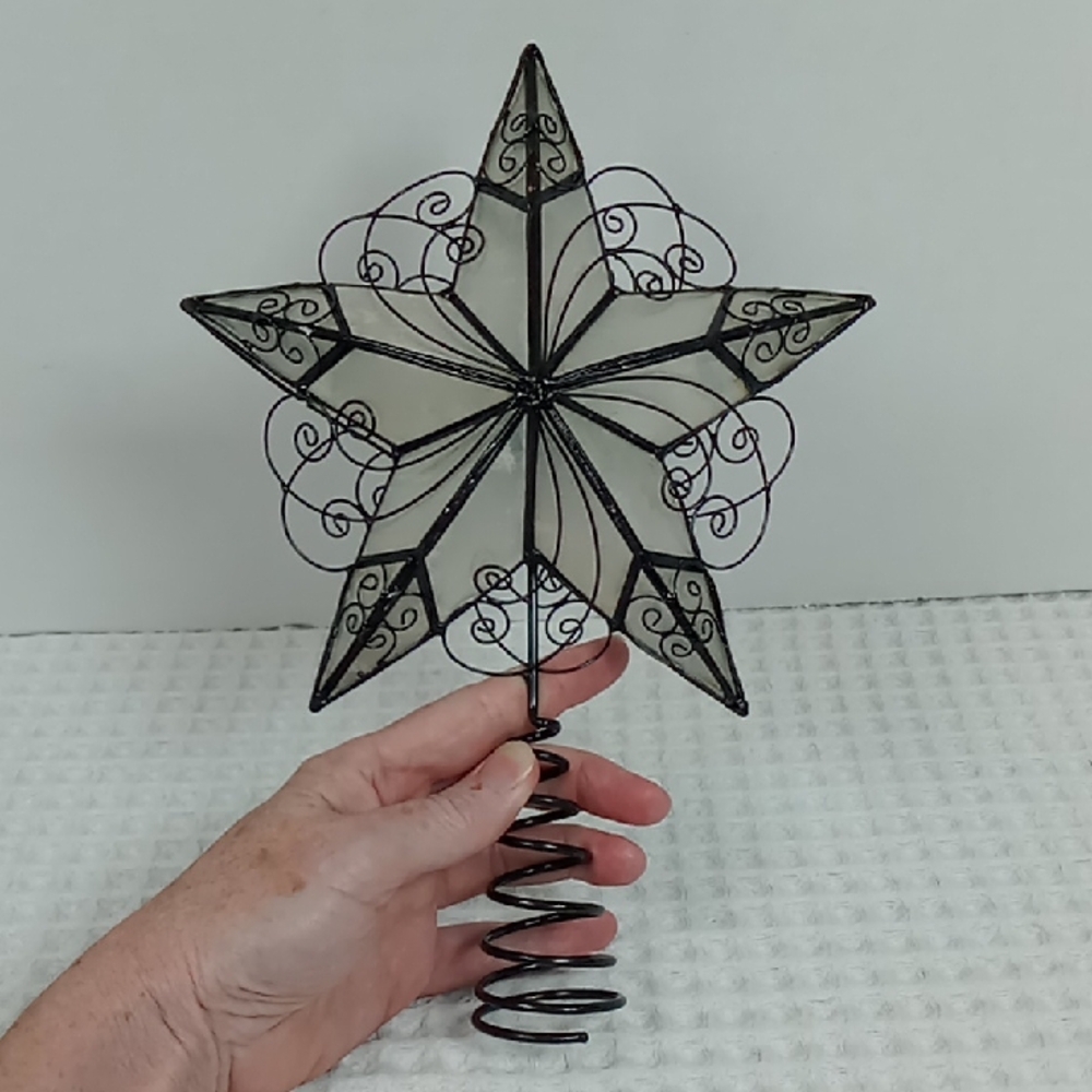 Capiz Shell Christmas Tree Star/Tree Topper Black/Wht Detailed Metal Scrollwork